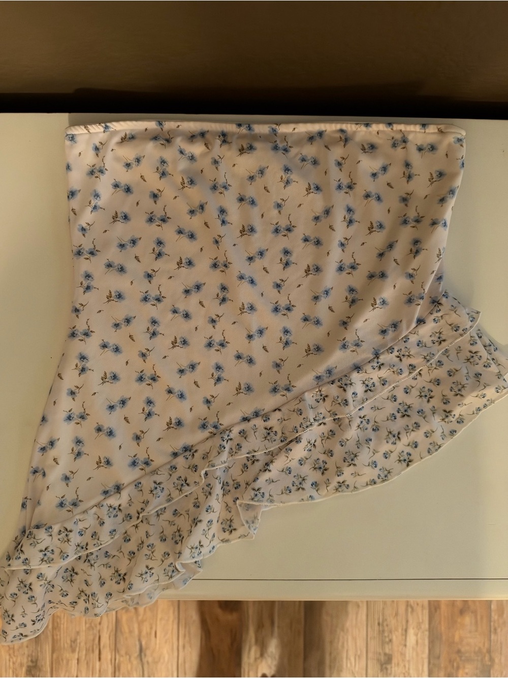 Altar'd State Cream Asymmetric Tube Top with Blue Floral Ruffle